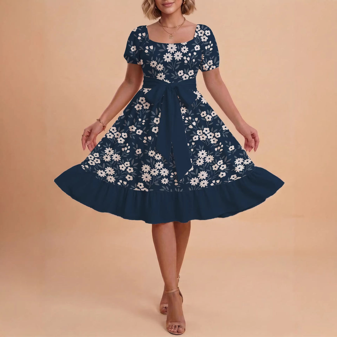 Damen Blumenkleid mit taillierbarem Gürtel und voluminösen Ärmeln EB