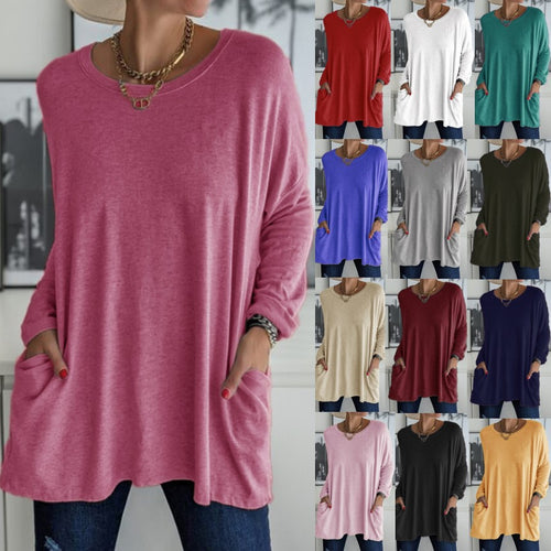 Damen nan oversized Longsleeve-Tunika mit Rundhalsausschnitt, überschnittener Schulter und aufgesetzten Taschen EB