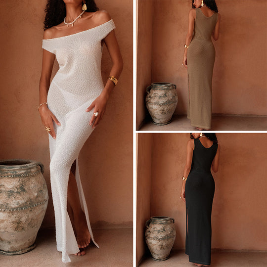 Damen Elegantes Maxikleid mit offenem Schulterdesign und hohem Schlitz EB