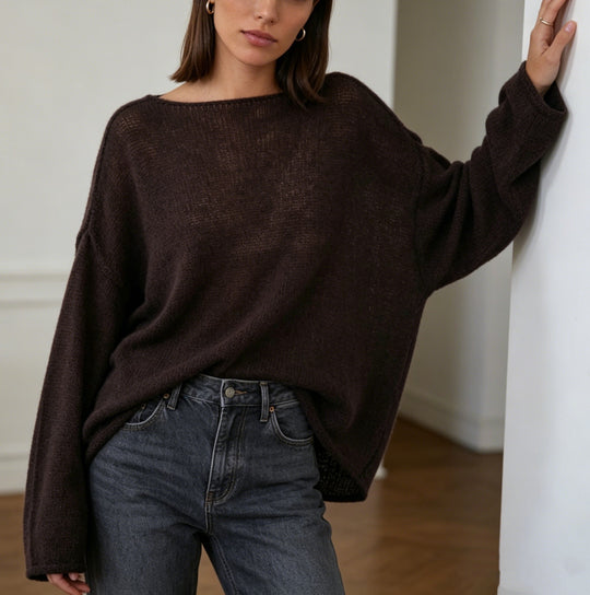 Damen luftiger Oversize-Feinstrickpullover mit weitem Arm und Rundhalsausschnitt EB