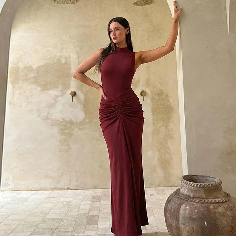 Damen Elegantes Maxikleid mit asymmetrischem Schnitt und hochgeschlossenem Design EB