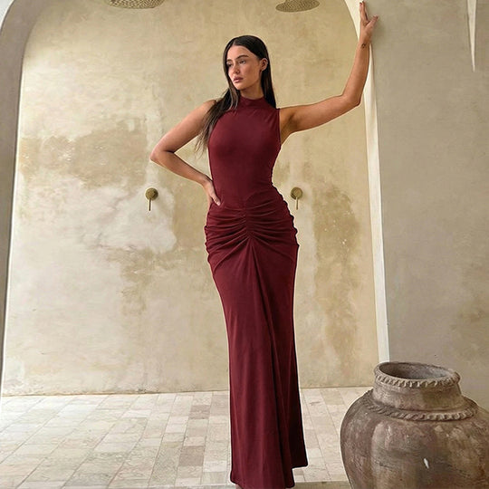 Damen Elegantes Maxikleid mit asymmetrischem Schnitt und hochgeschlossenem Design EB