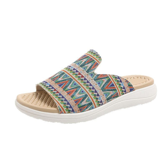 Damen Wedge-Pantoletten mit farbenfrohem Ethnomuster und rutschfester Sohle EB