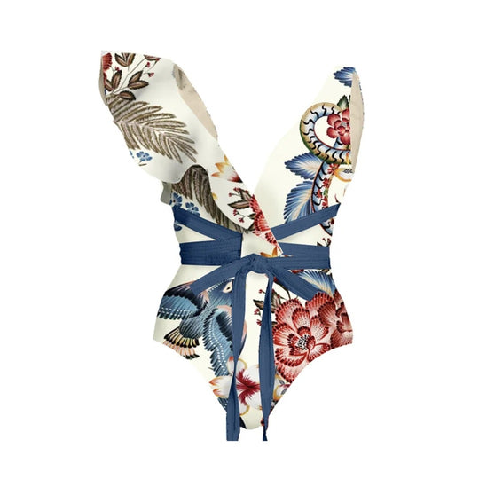 Damen Badeanzug-Set mit floralen Rüschen und taillierter Shorts EB