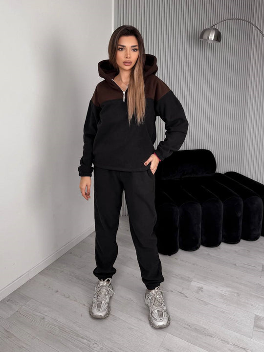Damen Zweiteiliges Farbblock-Loungewear-Set mit halbem Reißverschluss und schmaler Jogginghose EB