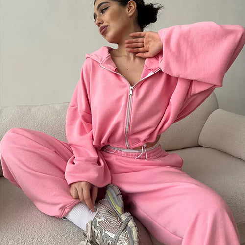 Damen nan cropped Reißverschluss-Hoodie mit Tunnelzugsaum und weitem Sweatpants-Schnitt EB