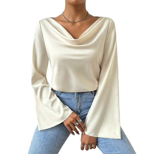 Damen Bluse mit Wasserfallkragen, weiten Trompetenärmeln und fließender Satinoptik Eichborn Berlin