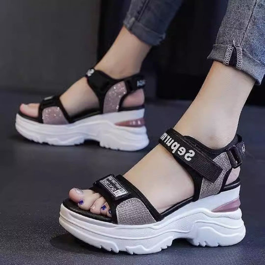 Damen Wedge-Sandalen mit elastischen Riemen und rutschfestem Fußbett EB
