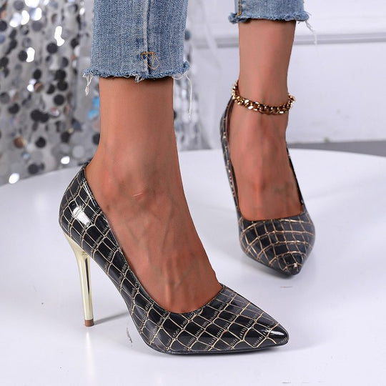 Damen Elegante High Heel Pumps mit glänzendem Krokodil-Design und markantem Absatz EB