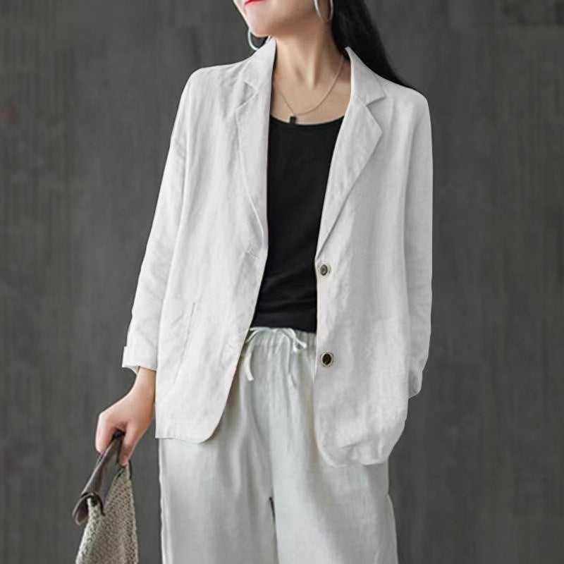 Damen Leinenblazer im lässigen Stil mit lockerer Passform und aufgesetzten Taschen EB