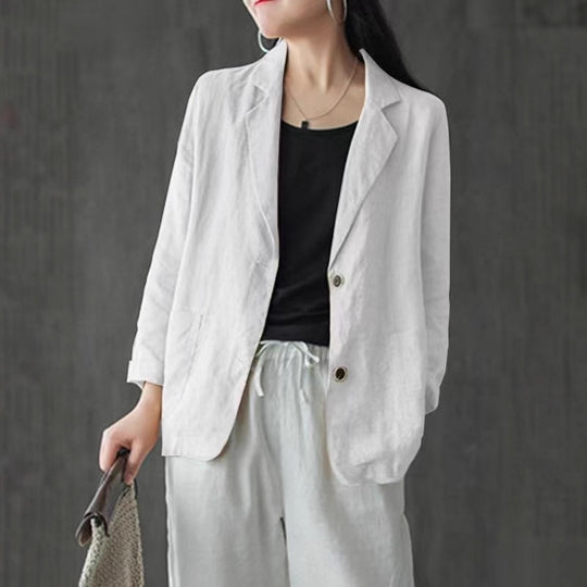 Damen Leinenblazer im lässigen Stil mit lockerer Passform und aufgesetzten Taschen EB