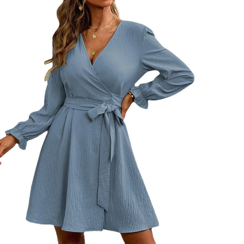 Damen Wickelkleid mit ausgestellten Ärmeln und Gürtel EB