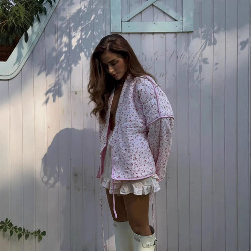 Damen Bluse im Kimono-Stil mit floralen Mustern und Bindegürtel EB
