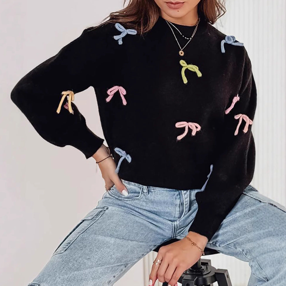 Damen Strickpullover mit verspielten Schleifenapplikationen und lässigem Schnitt EB