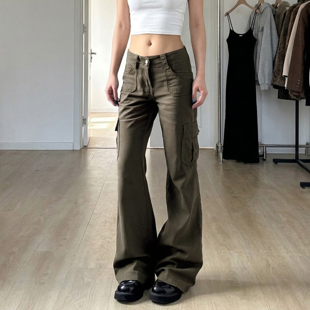 Damen nan Cargo-Flared-Hose mit hochgeschnittener Taille, aufgesetzten Beintaschen und ausgestelltem Bein EB