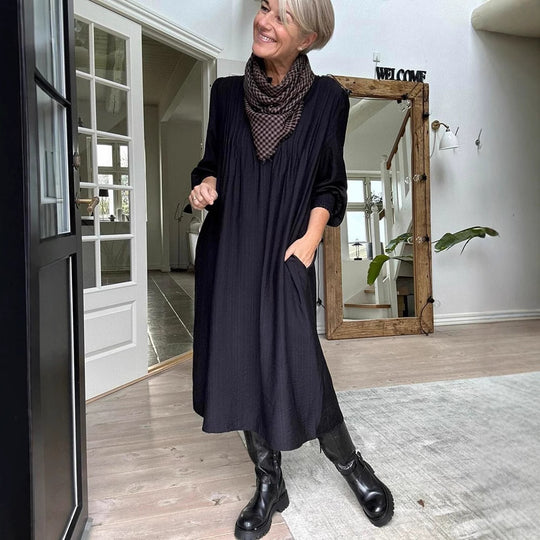Damen Midikleid mit eleganter Faltenstruktur und praktischen Taschen Heidi-Mode
