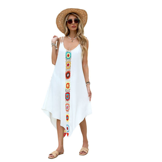 Damen luftiges Strandkleid mit buntem Häkelmuster und asymmetrischem Saum EB