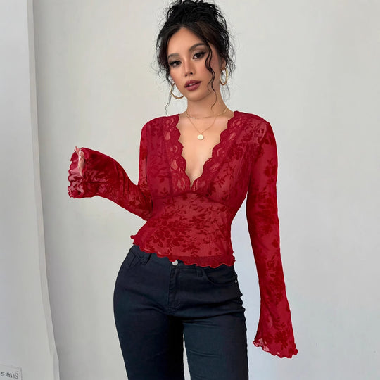 Damen Elegantes Spitzenoberteil mit tiefem V-Ausschnitt und Rüschendetails EB