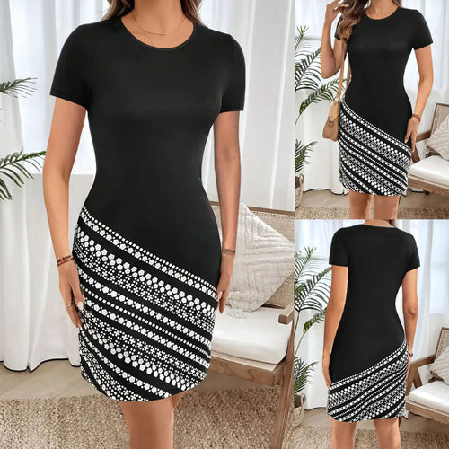 Damen figurbetontes Kurzarmkleid mit grafischem Design und Rundhalsausschnitt EB