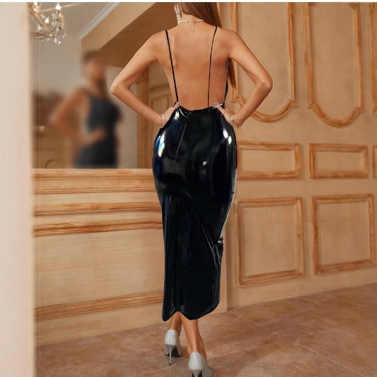 Damen glänzendes Kunstleder Kleid im Bodycon-Stil EB