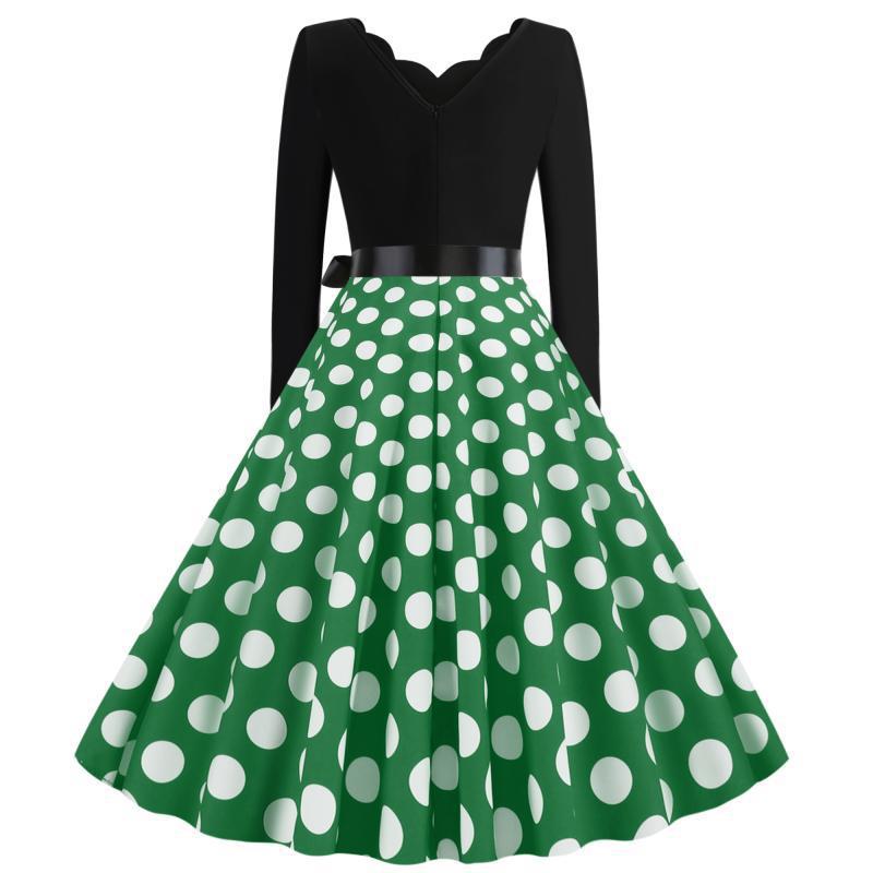 Damen Retro Swingkleid im Vintage-Stil mit welligem V-Ausschnitt, langärmliger Oberteil, Polka-Dot Tellerrock und Satin-Taillengürtel EB