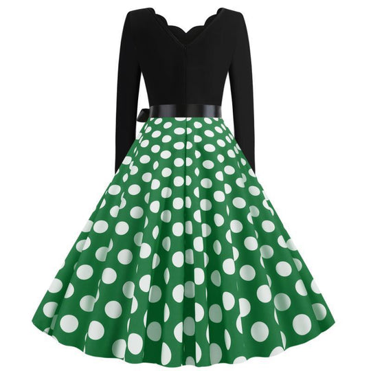 Damen Retro Swingkleid im Vintage-Stil mit welligem V-Ausschnitt, langärmliger Oberteil, Polka-Dot Tellerrock und Satin-Taillengürtel EB