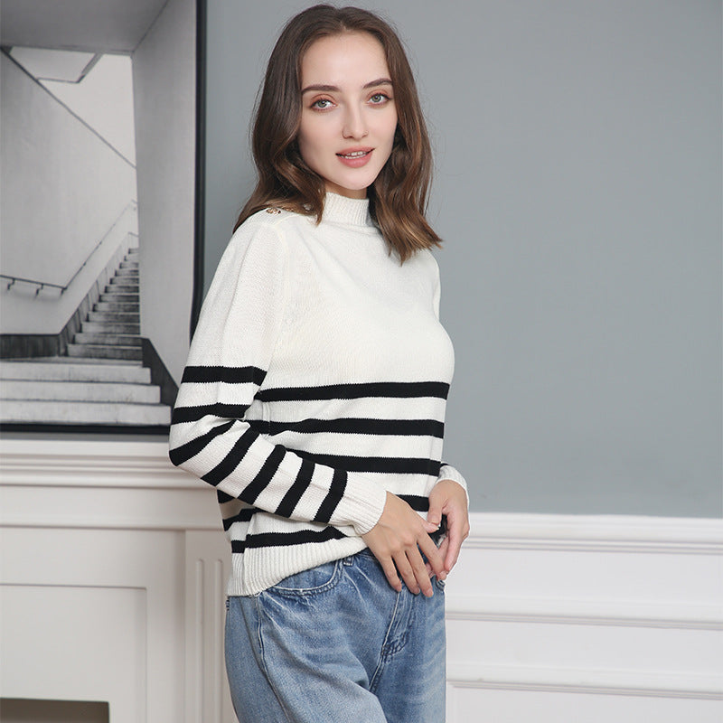 Damen modischer Strickpullover mit Streifenmuster und Knopfdetails EB