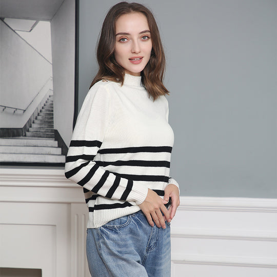 Damen modischer Strickpullover mit Streifenmuster und Knopfdetails EB