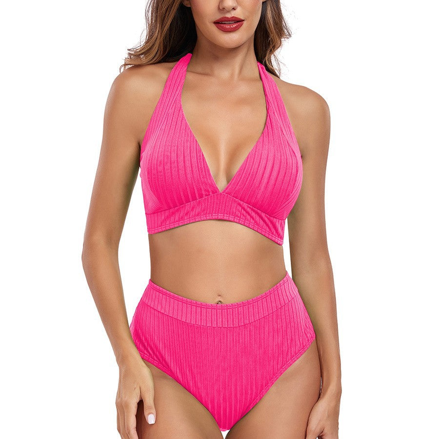 Damen Hochtaillierter Bikini mit V-Ausschnitt und Rippstruktur EB