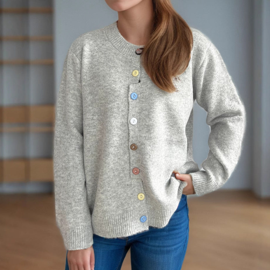 Damen kuschelige Strickjacke mit bunten Knopfdetails EB
