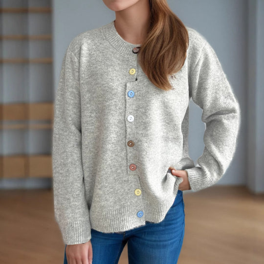 Damen kuschelige Strickjacke mit bunten Knopfdetails EB