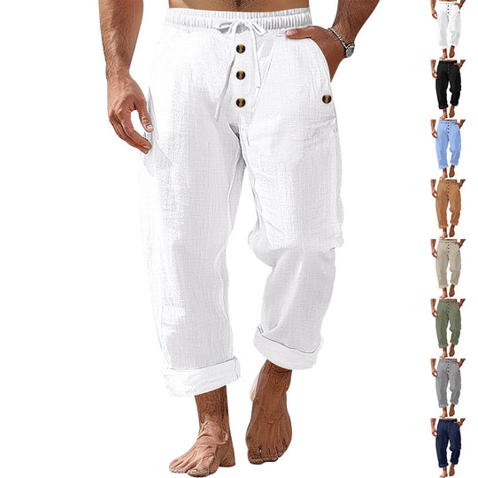 Herren nan lockere Leinen-Baumwoll-Hose mit elastischem Bund, Kordelzug und aufgekrempeltem Saum EB