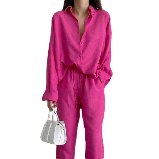 Damen lässiges Leinen Ensemble mit elegantem Hemd und weiter Hose EB