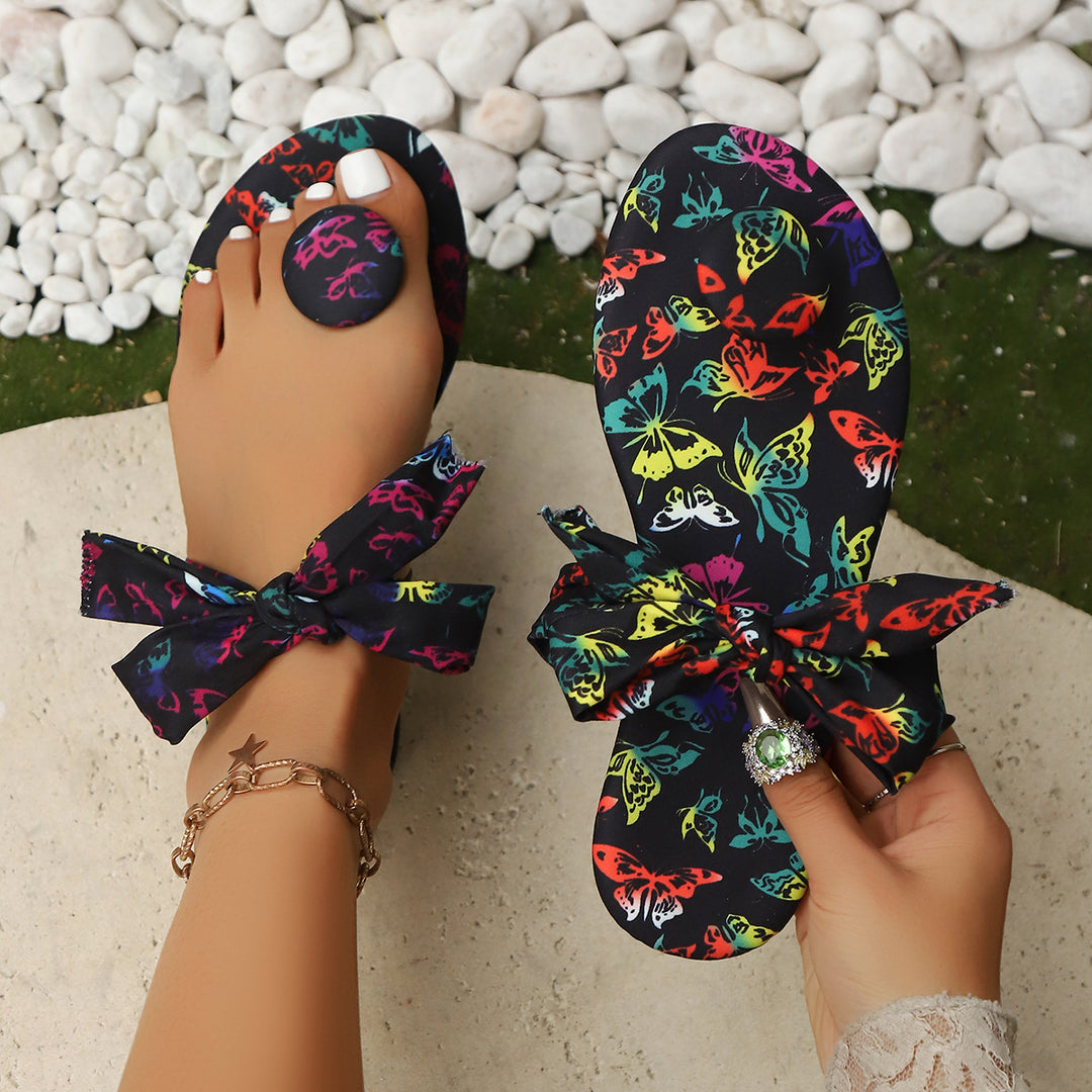 Damen Zehentrenner-Sandalen mit buntem Schmetterlingsdesign und modischem Schleifenakzent EB