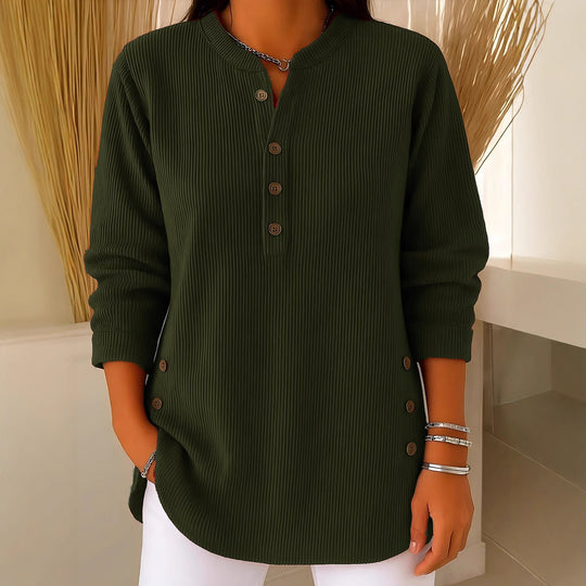 Damen nan plissee Tunika-Bluse mit Stehkragen, Knopfleiste und seitlichen Zierknöpfen EB