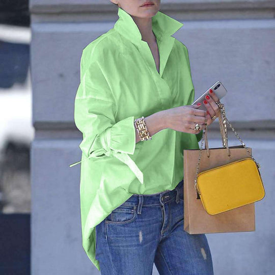 Damen lässige Overshirt-Bluse mit hohen Kragen und modernen Bindegürteln EB