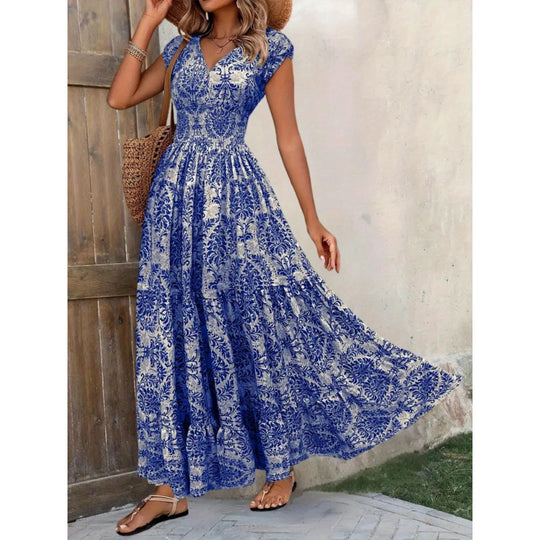 Damen Maxikleid mit nostalgischem Blumenmuster und voluminösem Rock EB