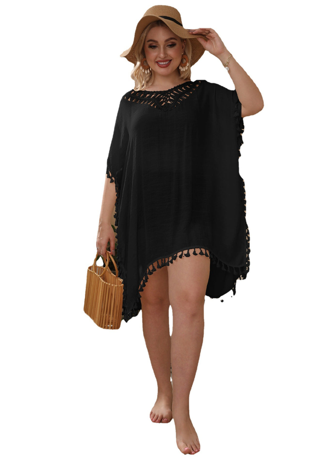 Damen luftiger Strand-Kaftan mit dekorativen Quasten EB