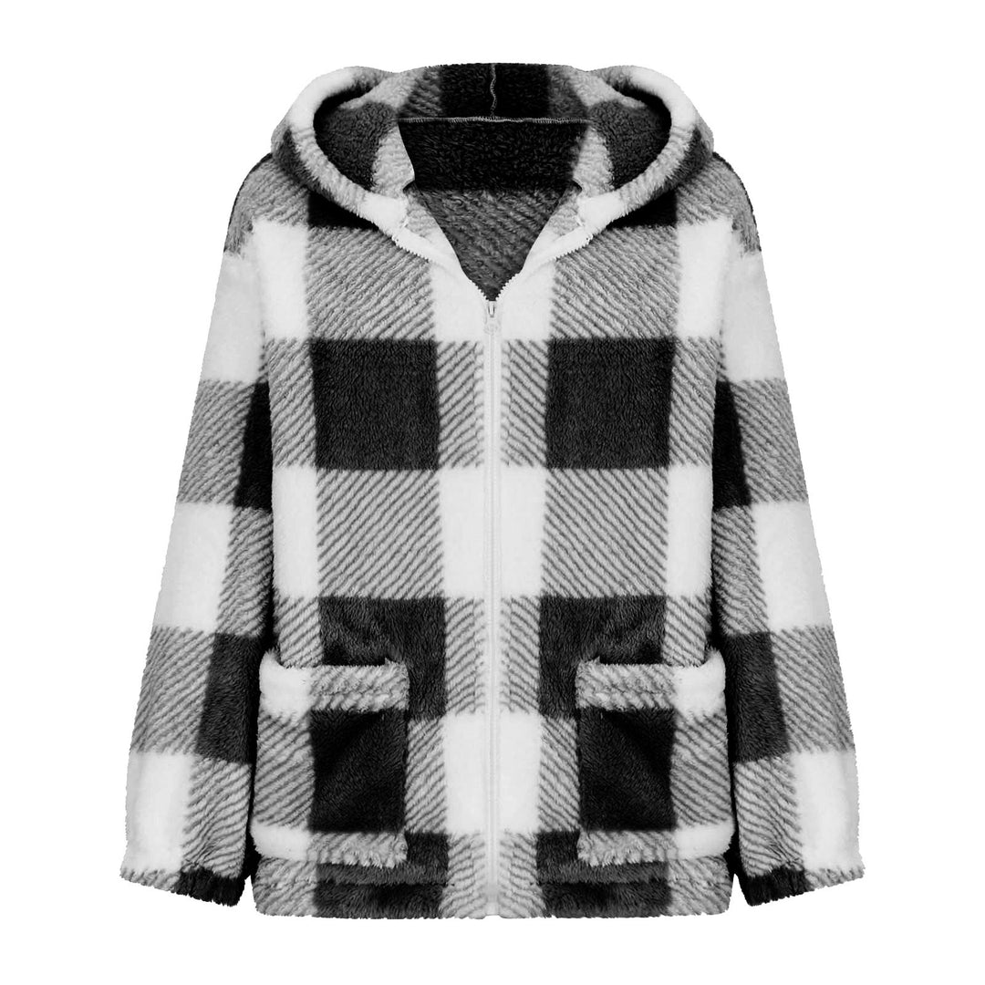 Damen nan dicke Karo-Teddyjacke mit Kapuze, Frontreißverschluss und aufgesetzten Taschen EB