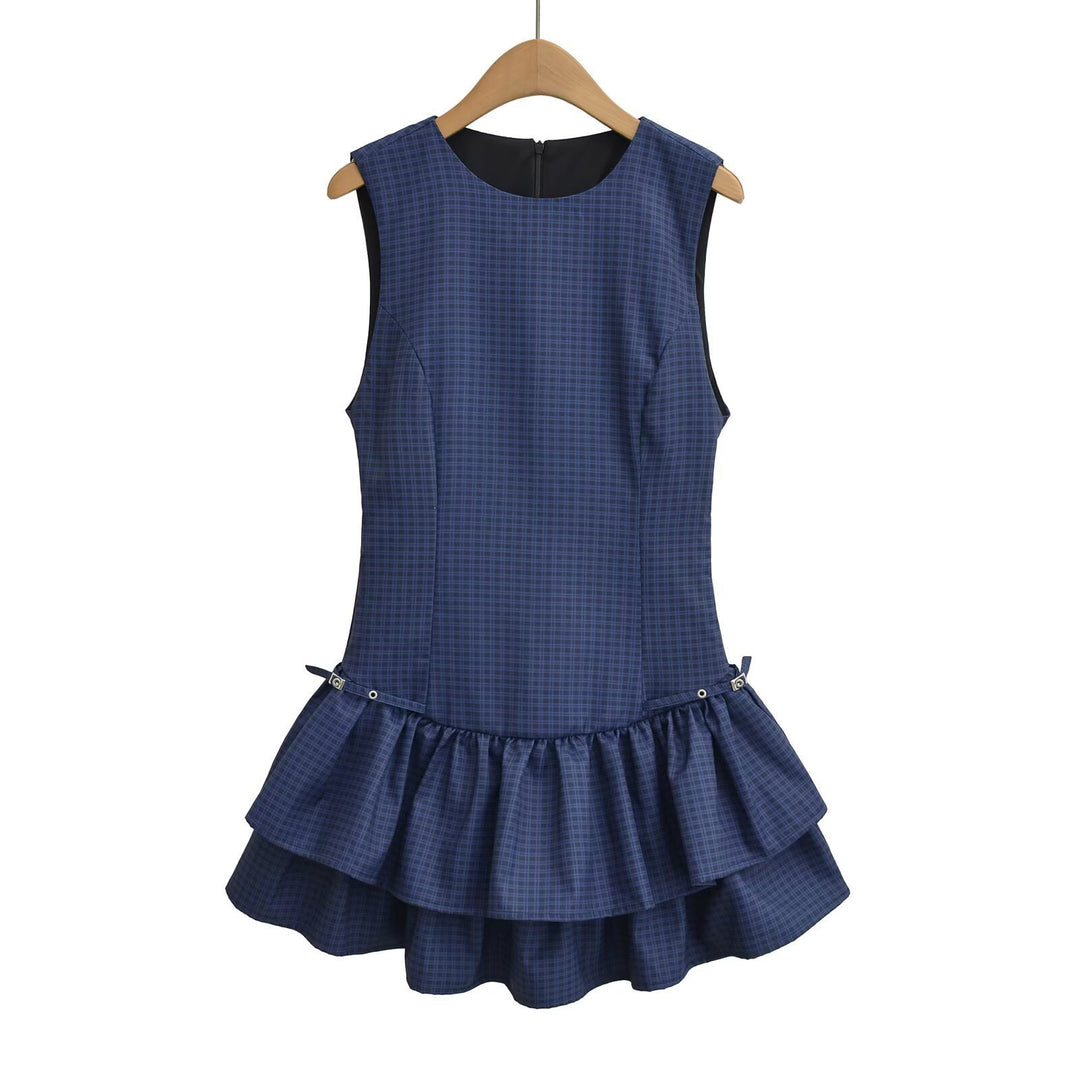 Damen Sommerkleid mit voluminösem Rüschenrock und modernem Karomuster EB