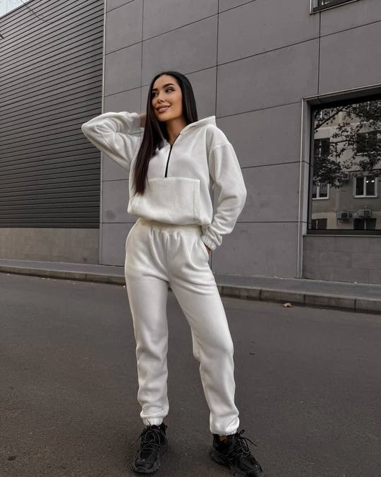 Damen sportliches Fleece-Set mit halbhohem Reißverschluss Kapuzenhoodie und lässiger Jogginghose EB
