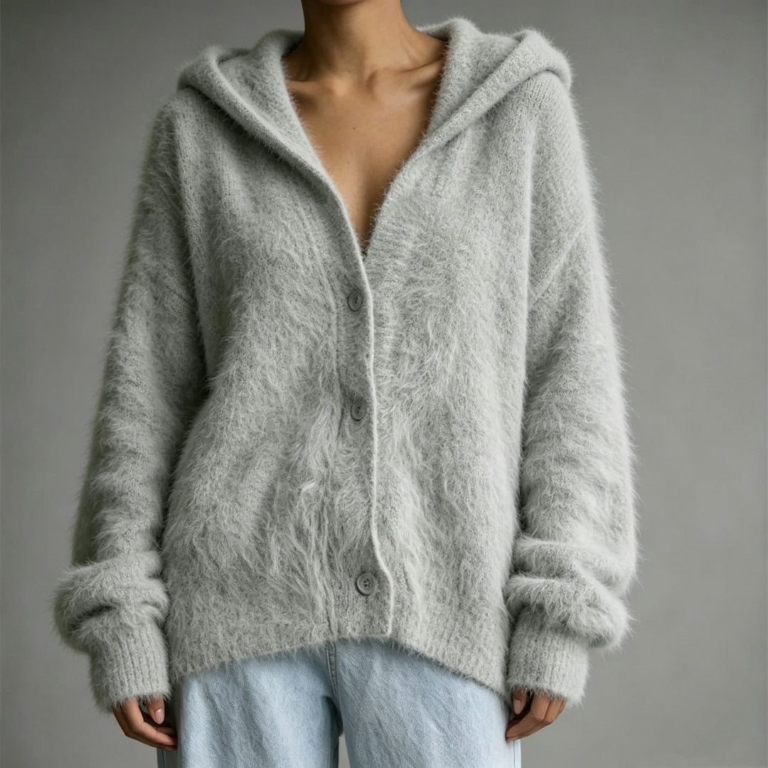 Damen Flauschiger Kapuzen-Cardigan im Mohair-Look mit Knopfleiste EB