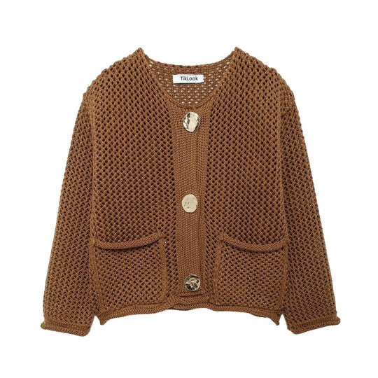 Damen luftiger Strickjacke mit dekorativem Netzdesign und praktischen Taschen EB