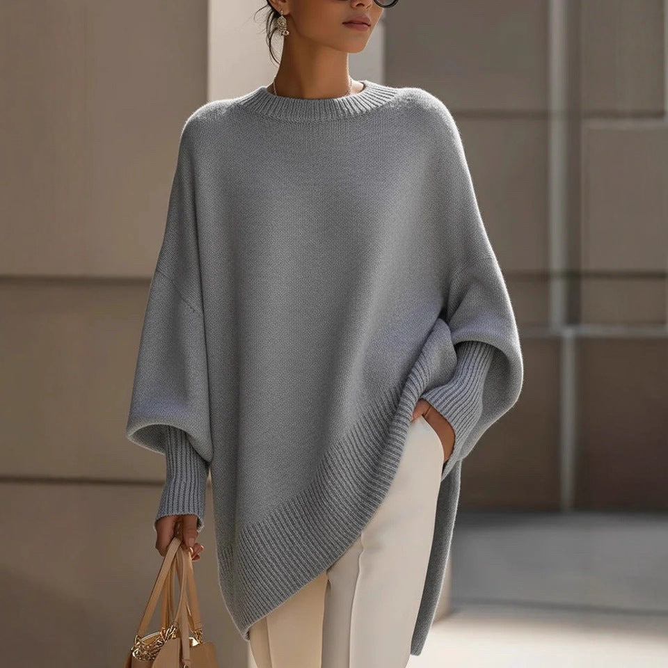 Damen nan Oversize Strickponcho mit asymmetrischem Saum und gerippten Ärmeln EB