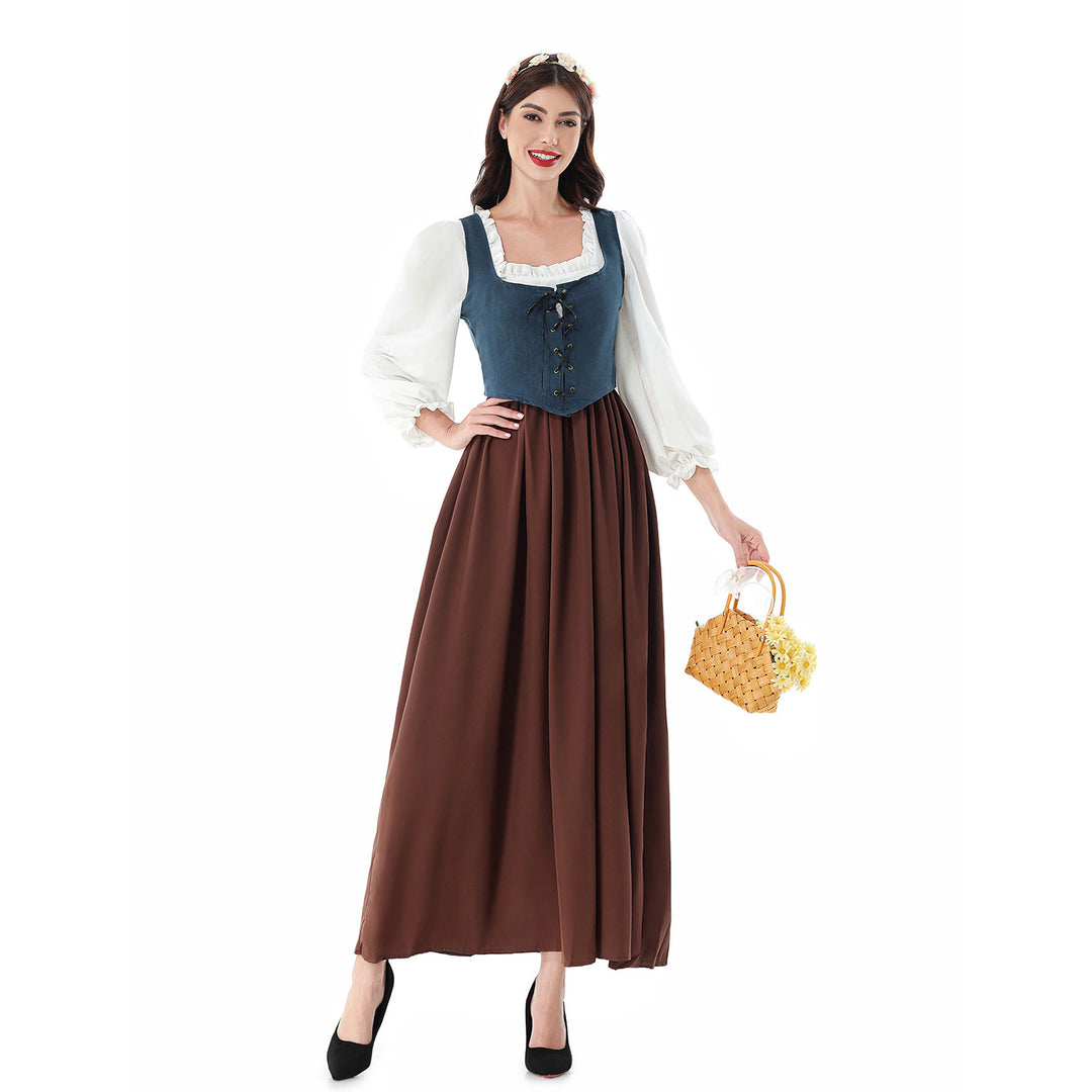 Damen nan historisches Mittelalterkleid mit geschnürter Miederweste, rüschiger Bluse und weitem Maxirock EB