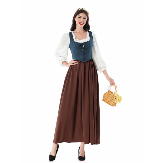 Damen nan historisches Mittelalterkleid mit geschnürter Miederweste, rüschiger Bluse und weitem Maxirock EB
