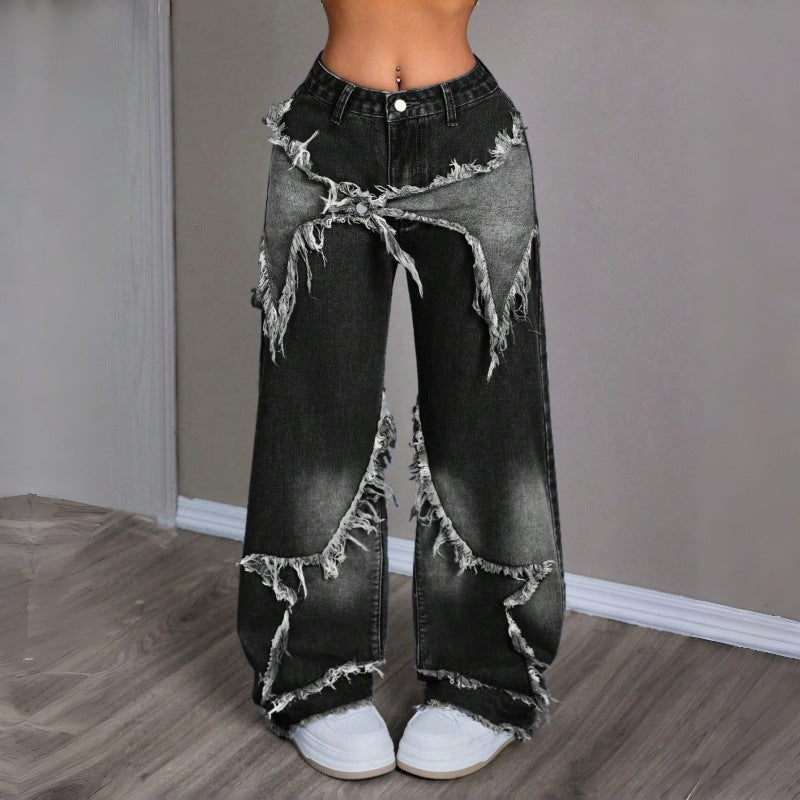 Damen Weite Jeans im modernen Destroyed-Look mit fransigen Details EB