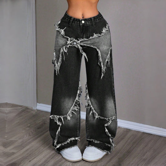 Damen Weite Jeans im modernen Destroyed-Look mit fransigen Details EB