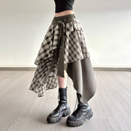 Damen asymmetrischer Wickelrock mit Karomuster und breitem Bindegürtel EB