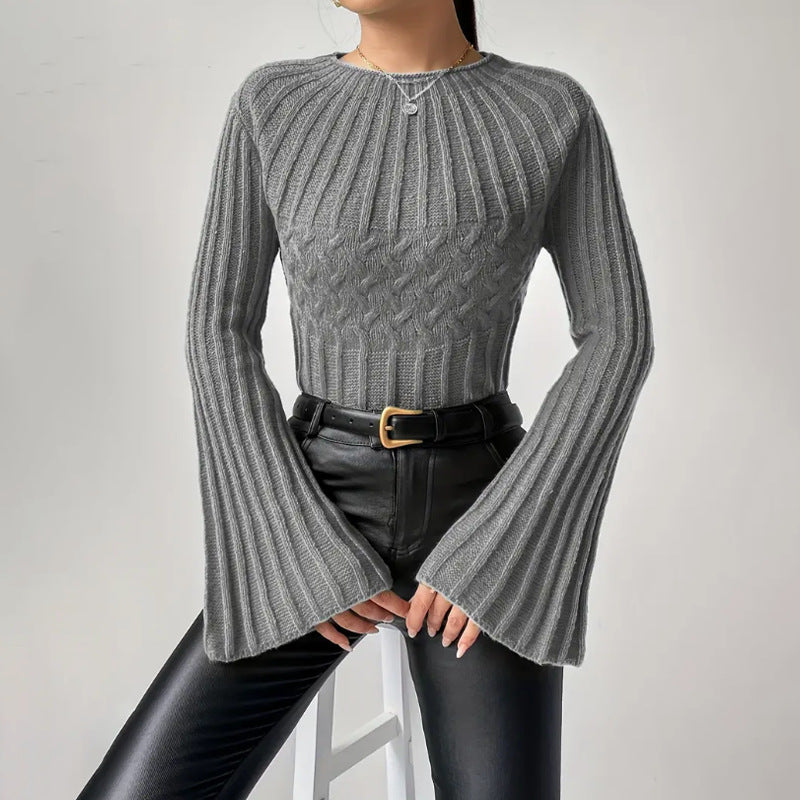 Damen Strickpullover mit weitem Ärmel und Zopfmuster EB